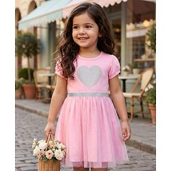Babyhug Single Jersey Knit Half Sleeves Fit & Flare Frock with Heart Print - Pink