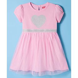 Babyhug Single Jersey Knit Half Sleeves Fit & Flare Frock with Heart Print - Pink
