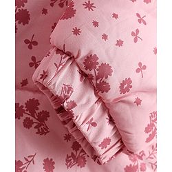 Babyhug Woven Full Sleeves Hooded Winter Quilted Romper With Fleece Inner Lining & Floral Print - Pink