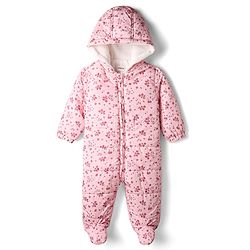 Babyhug Woven Full Sleeves Hooded Winter Quilted Romper With Fleece Inner Lining & Floral Print - Pink