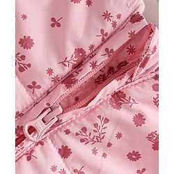 Babyhug Woven Full Sleeves Hooded Winter Quilted Romper With Fleece Inner Lining & Floral Print - Pink