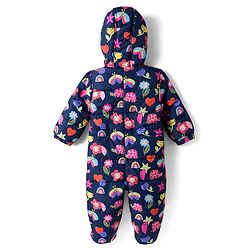 Babyhug Woven Full Sleeves Footed & Hooded Winter Wear Quilted Romper With Fleece Inner Lining & Floral Print - Navy Blue