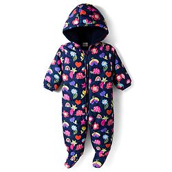 Babyhug Woven Full Sleeves Footed & Hooded Winter Wear Quilted Romper With Fleece Inner Lining & Floral Print - Navy Blue