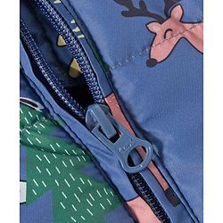 Babyhug Woven Full Sleeves Winter Wear Footed & Hooded Quilted Romper With Fleece Inner Lining & Animal Print - Blue