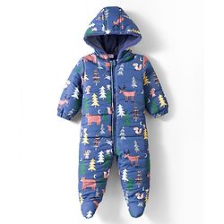 Babyhug Woven Full Sleeves Winter Wear Footed & Hooded Quilted Romper With Fleece Inner Lining & Animal Print - Blue