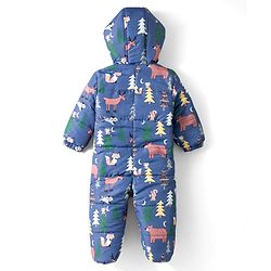 Babyhug Woven Full Sleeves Winter Wear Footed & Hooded Quilted Romper With Fleece Inner Lining & Animal Print - Blue