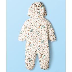 Babyhug Woven Full Sleeves Hooded Winter Quilted Romper With Fleece Inner Lining & Floral Print - Off White