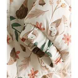 Babyhug Woven Full Sleeves Hooded Winter Quilted Romper With Fleece Inner Lining & Floral Print - Off White