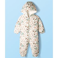 Babyhug Woven Full Sleeves Hooded Winter Quilted Romper With Fleece Inner Lining & Floral Print - Off White