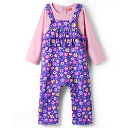 Babyhug Single Jersey Knit Floral Printed Dungaree with Full Sleeves Inner Tee - Pink & Purple