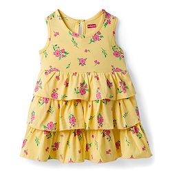 Babyhug Single Jersey Knit Sleeveless Floral Printed Frock With Bloomer & Headband - Yellow