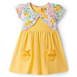 Babyhug Single Jersey Knit Half Sleeves Frock With Floral Printed Shrug - Yellow
