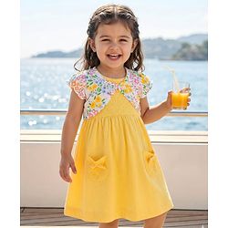 Babyhug Single Jersey Knit Half Sleeves Frock With Floral Printed Shrug - Yellow