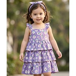Babyhug Single Jersey Knit Sleeveless Frock With Floral Print & Headband - Lilac