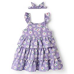 Babyhug Single Jersey Knit Sleeveless Frock With Floral Print & Headband - Lilac
