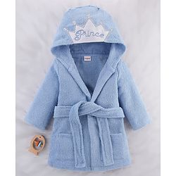 Babyhug Woven Terry Full Sleeves Hooded Bath Robe Princess Patch - Blue