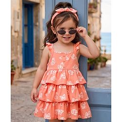 Babyhug Single Jersey Knit Sleeveless Frock With Butterfly Print & Headband - Pink & White