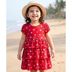 Babyhug Single Jersey Knit Half Sleeves Frock With Floral Print & Bow Applique - Red
