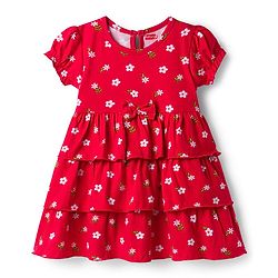 Babyhug Single Jersey Knit Half Sleeves Frock With Floral Print & Bow Applique - Red