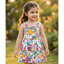 Babyhug Single Jersey Knit Sleeveless Frock With Floral & Rainbow Print - White