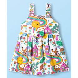 Babyhug Single Jersey Knit Sleeveless Frock With Floral & Rainbow Print - White