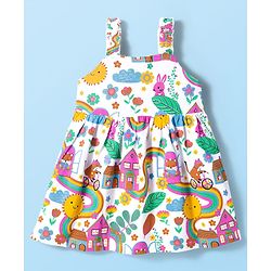 Babyhug Single Jersey Knit Sleeveless Frock With Floral & Rainbow Print - White