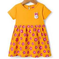 Babyhug Single Jersey Knit Half Sleeves Frock With Floral Print - Yellow