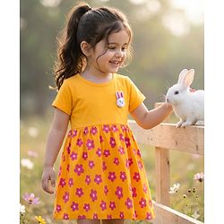 Babyhug Single Jersey Knit Half Sleeves Frock With Floral Print - Yellow