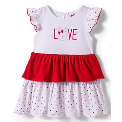 Babyhug Single Jersey Knit Cap Sleeves Frock with Headband & Bunny & Polka Dot Print - White