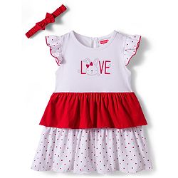 Babyhug Single Jersey Knit Cap Sleeves Frock with Headband & Bunny & Polka Dot Print - White