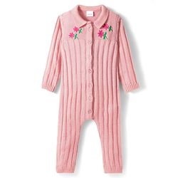 Babyhug Sweater Knit Full Length Winter Wear Romper With Floral Print - Pink