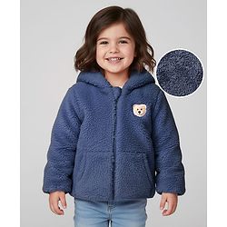 Babyhug Woven Full Sleeves Hooded Winter Jacket With Teddy Bear Embroidery & Kangaroo Pockets - Navy Blue