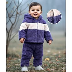 Babyhug Fur Woven Full Sleeves Color Block Hooded Winter Wear Suit Set - White & Navy Blue