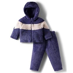 Babyhug Fur Woven Full Sleeves Color Block Hooded Winter Wear Suit Set - White & Navy Blue