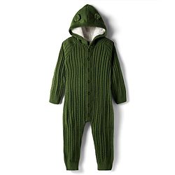 Babyhug Sweater Knit Full Sleeves Winter Wear Solid Hooded Romper - Dark Green