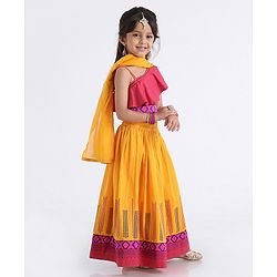 Babyhug One Shoulder Choli WIth Printed Lehenga & Netted Dupatta - Pink Yellow - 18-24 M Yellow