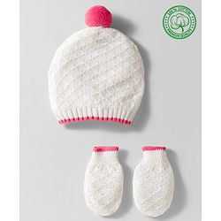 Babyhug Organic Cotton Knit Woollen Cap & Mittens With Knit Design with White & Pink - Diameter 17 cm