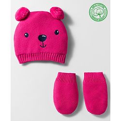 Babyhug Organic Cotton Knit Woollen Cap & Mittens With Teddy & Ear Applique Fuschia - Diameter 9 cm