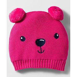 Babyhug Organic Cotton Knit Woollen Cap & Mittens With Teddy & Ear Applique Fuschia - Diameter 9 cm