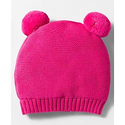 Babyhug Organic Cotton Knit Woollen Cap & Mittens With Teddy & Ear Applique Fuschia - Diameter 9 cm