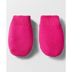 Babyhug Organic Cotton Knit Woollen Cap & Mittens With Teddy & Ear Applique Fuschia - Diameter 9 cm
