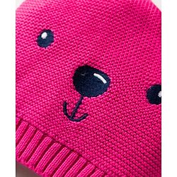 Babyhug Organic Cotton Knit Woollen Cap & Mittens With Teddy & Ear Applique Fuschia - Diameter 9 cm