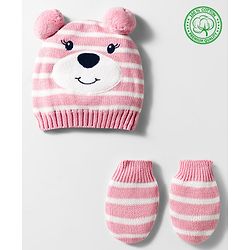 Babyhug Organic Cotton Knit Woollen Cap & Mittens With Teddy & Ear Applique Pink & White - Diameter 9 cm