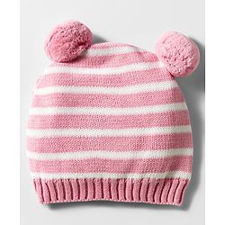 Babyhug Organic Cotton Knit Woollen Cap & Mittens With Teddy & Ear Applique Pink & White - Diameter 9 cm