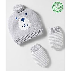 Babyhug Organic Cotton Woollen Knit Cap & Mittens Set with Bear Design & Applique Grey - Diameter 17 cm