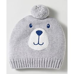 Babyhug Organic Cotton Woollen Knit Cap & Mittens Set with Bear Design & Applique Grey - Diameter 17 cm