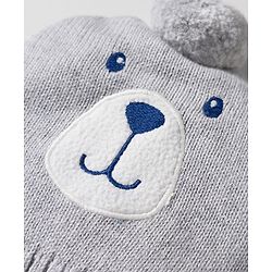 Babyhug Organic Cotton Woollen Knit Cap & Mittens Set with Bear Design & Applique Grey - Diameter 17 cm