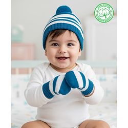 Babyhug Organic Cotton Knit Striped Woollen Cap & Mittens Blue - Diameter 11 cm