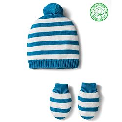 Babyhug Organic Cotton Knit Striped Woollen Cap & Mittens Blue - Diameter 11 cm