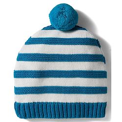 Babyhug Organic Cotton Knit Striped Woollen Cap & Mittens Blue - Diameter 11 cm
